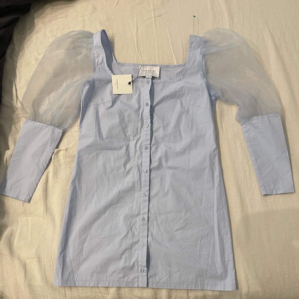 THE SHIRT Rochelle Behrens // blue shirt mini dress puff sleeves - size small